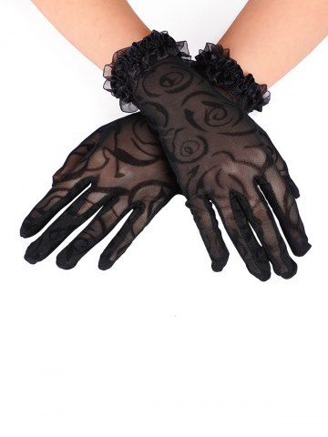 Gothic Floral Lace Lace-trim Solid Color Gloves - BLACK