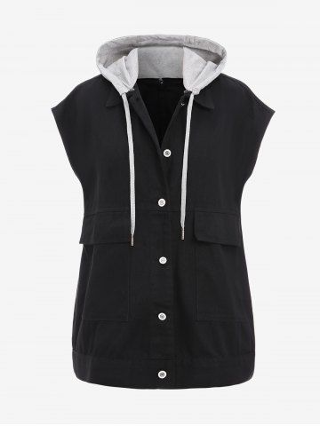 Plus Size Pocket Full Button Sleeveless Hooded Jacket - BLACK - M