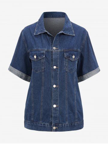 Plus Size Buttons Pockets Roll Up Sleeves Lapel Denim Coat - BLUE - M