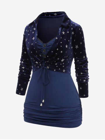 Plus Size Ruched Lace Trim Buttons Cami Top and Silver Stamping Stars Print Crop Top