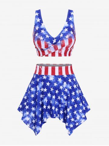 Plus Size Twist Patriotic American Flag Print Skirted 3 Piece Tankini Swimsuit - BLUE - M | US 10