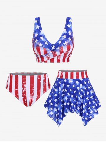 Plus Size Twist Patriotic American Flag Print Skirted 3 Piece Tankini Swimsuit