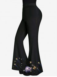 Pantalon Évasé Gothique Imprimé Lune et Galaxie à Paillettes - Noir 1X