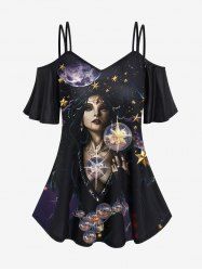 Gothic Wizard Galaxy Moon Star Glitter Print Cold Shoulder Cami T-shirt - Noir 3X