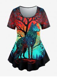 Plus Size Moon Wolf Tree Paisley Print T-shirt -  