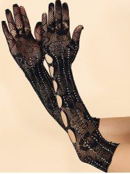 Gothic Floral Fishnet Sparkling Faux Rhinestone Hollow Out Long Gloves -  