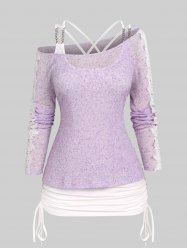 Plus Size Cinched Appliques Lace Chains Crisscross Cold Shoulder Sweater -  