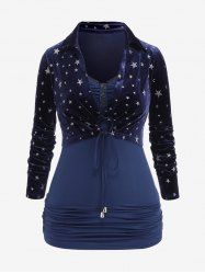Plus Size Ruched Lace Trim Buttons Cami Top and Silver Stamping Stars Print Crop Top -  