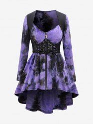 Gothic Tie Dye Lace Up Full Zipper Corset High Low T-shirt -  