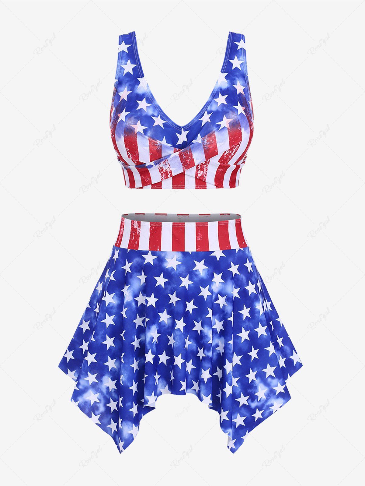 Outfit Plus Size Twist Patriotic American Flag Print Skirted 3 Piece Tankini Swimsuit  
