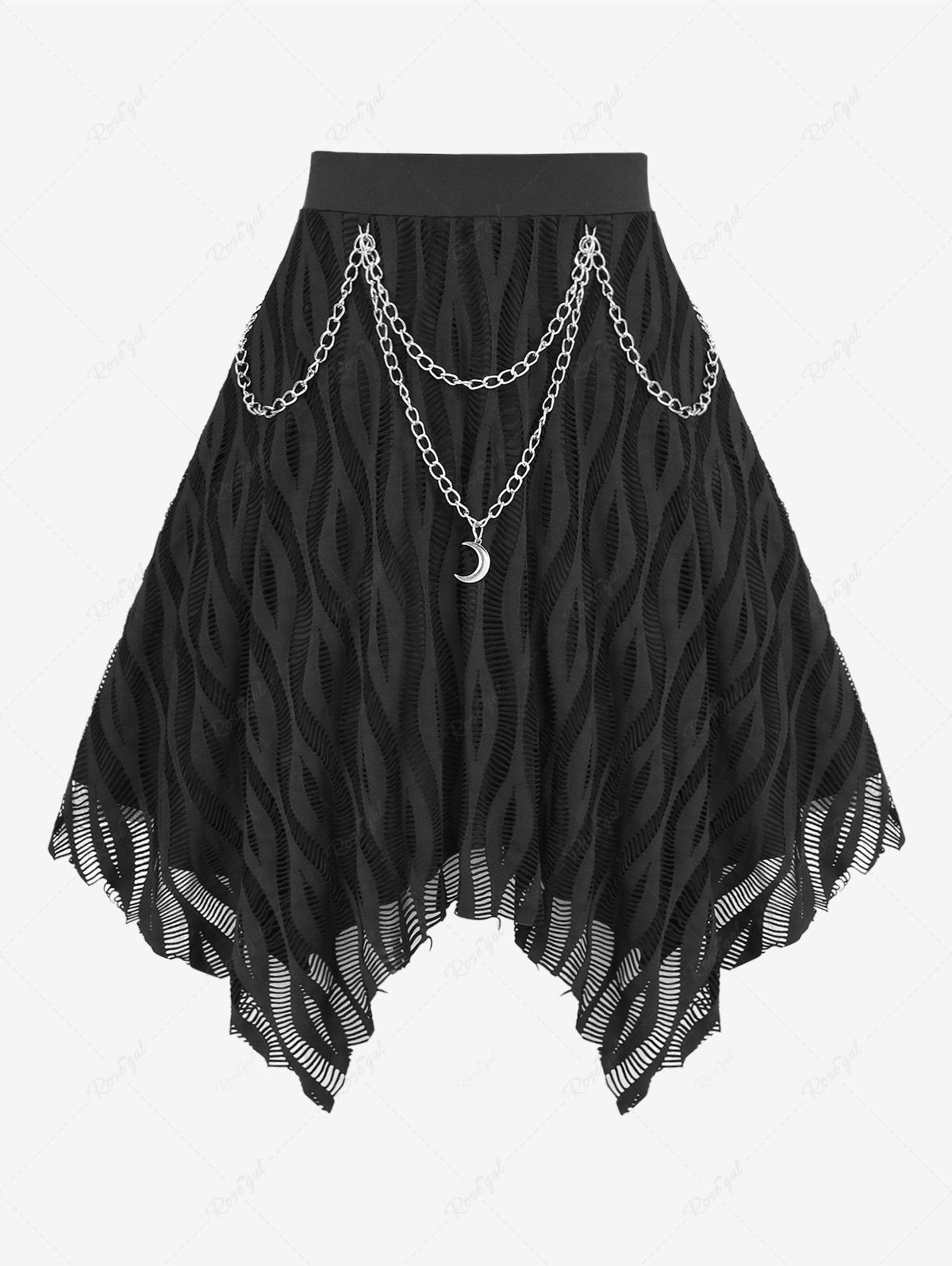 Trendy Plus Size Mesh Textured Layered Moon Chain Tassel Asymmetric Skirt  