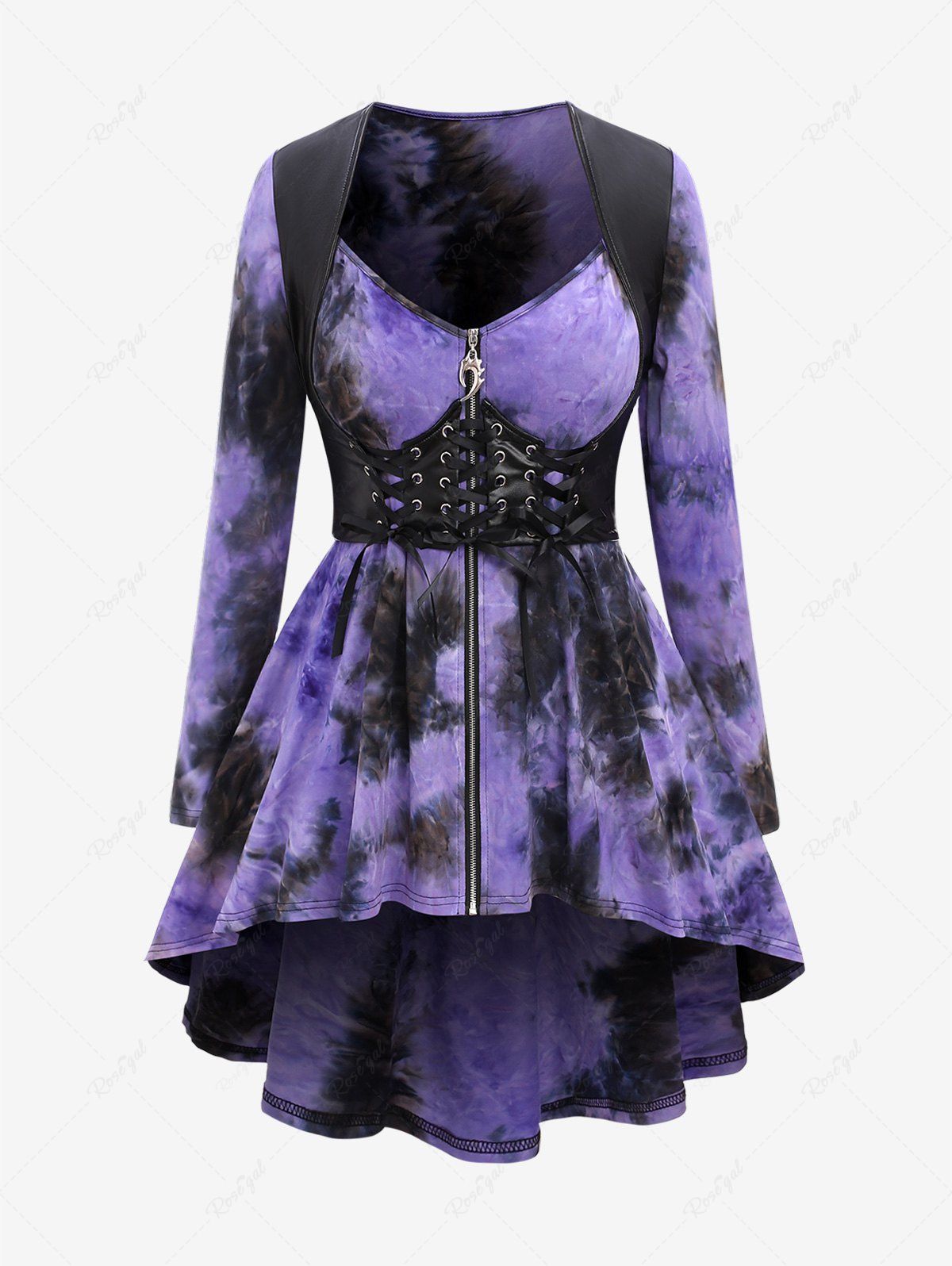 Cheap Gothic Tie Dye Lace Up Full Zipper Corset High Low T-shirt  