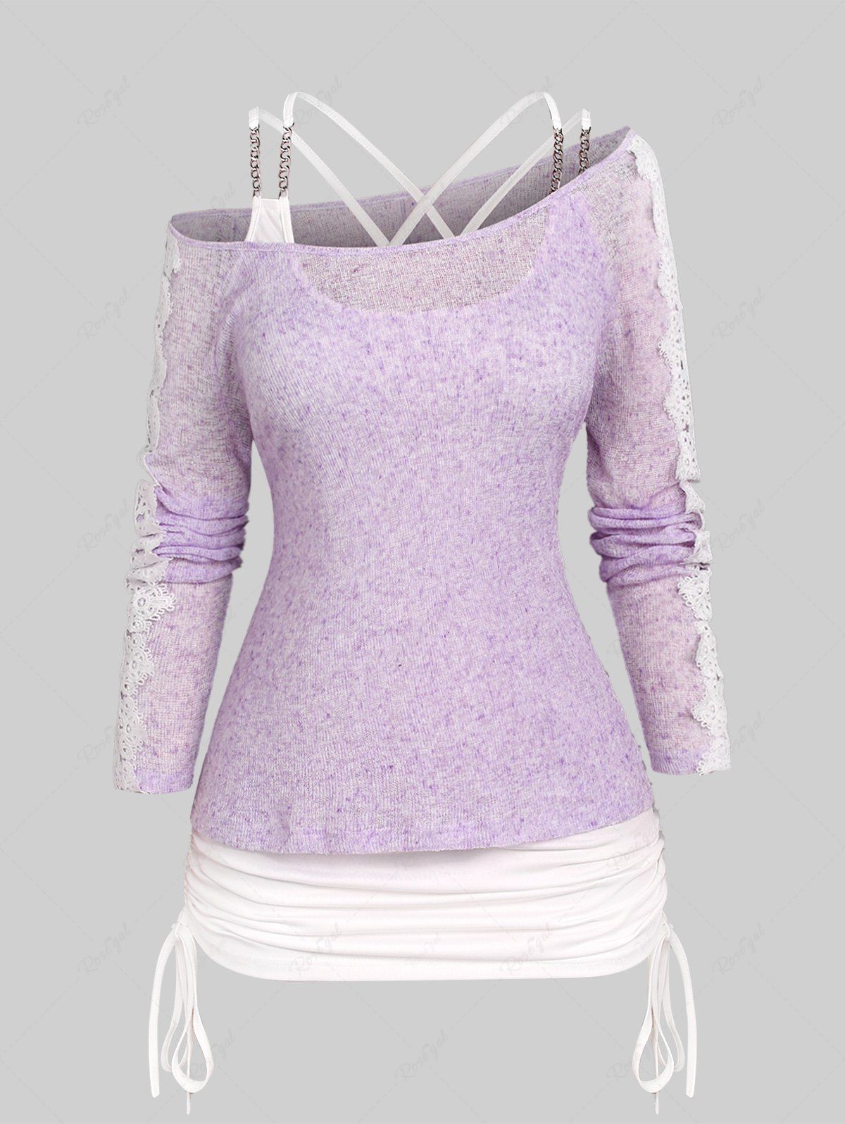 Online Plus Size Cinched Appliques Lace Chains Crisscross Cold Shoulder Sweater  