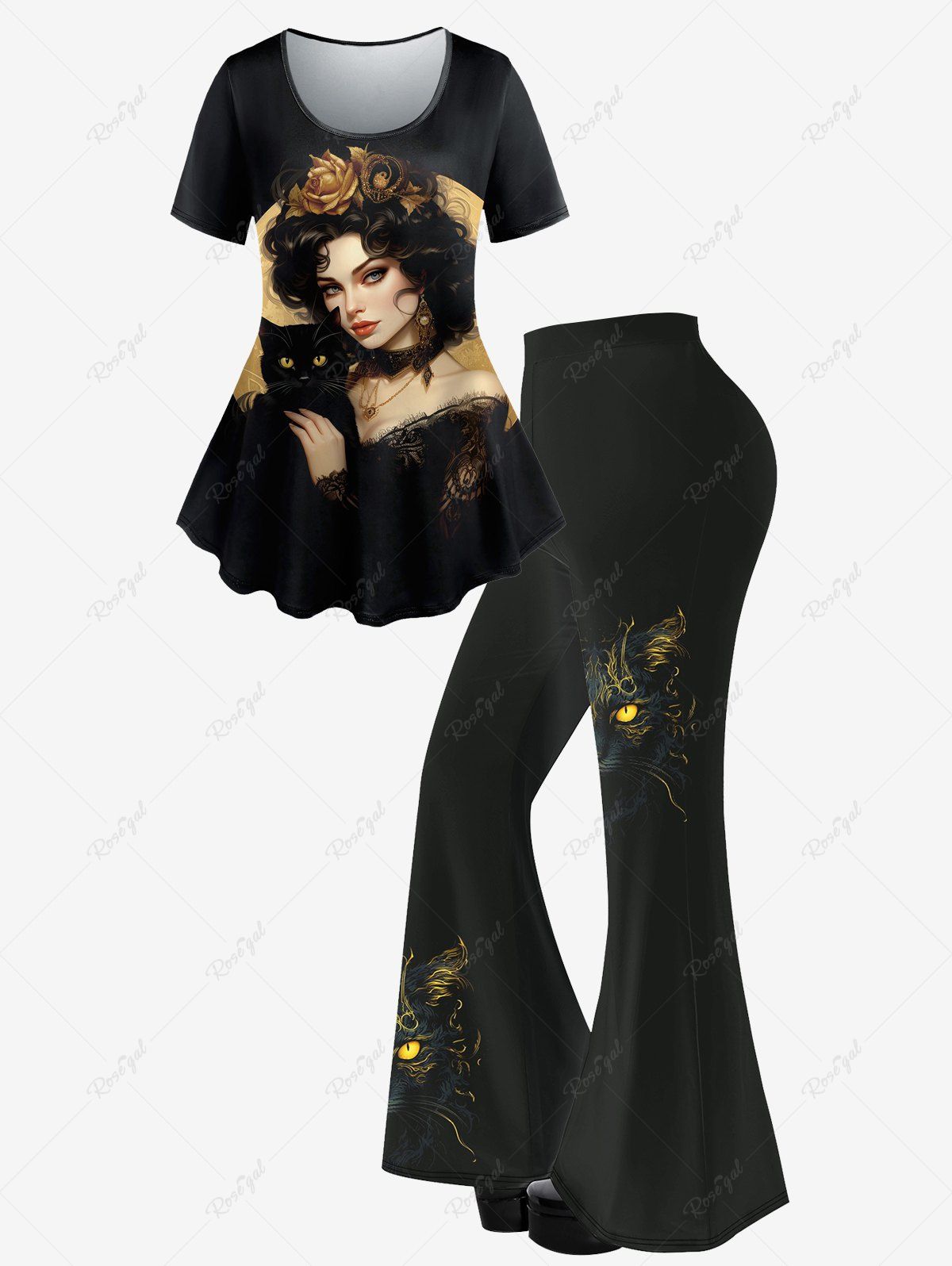 Trendy Woman Flower Cat Print Short Sleeves T-shirt And Cat Print Flare Pants Gothic Outfit  