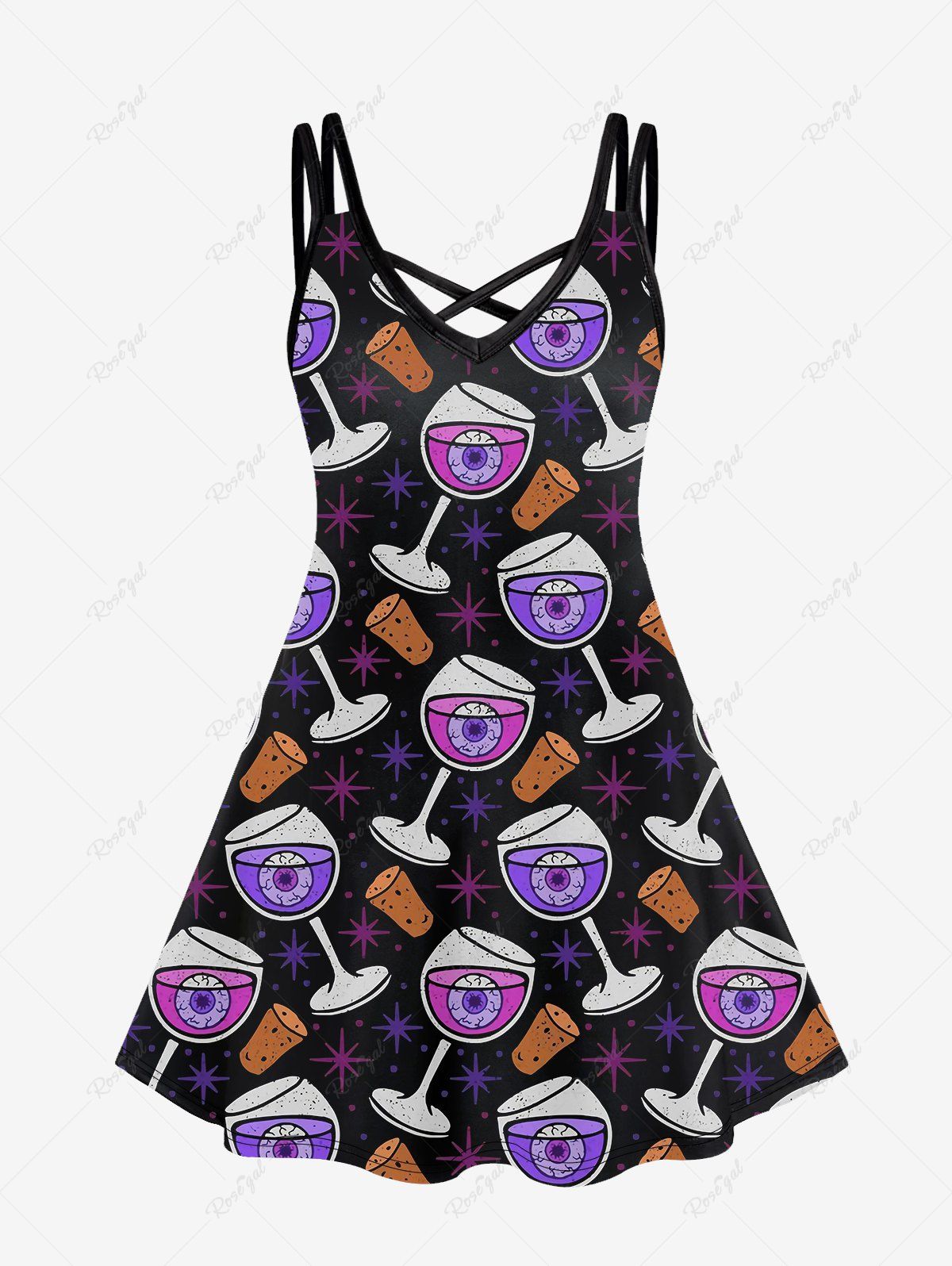Trendy Gothic Wine Glass Eye Star Print Crisscross Cami Dress  