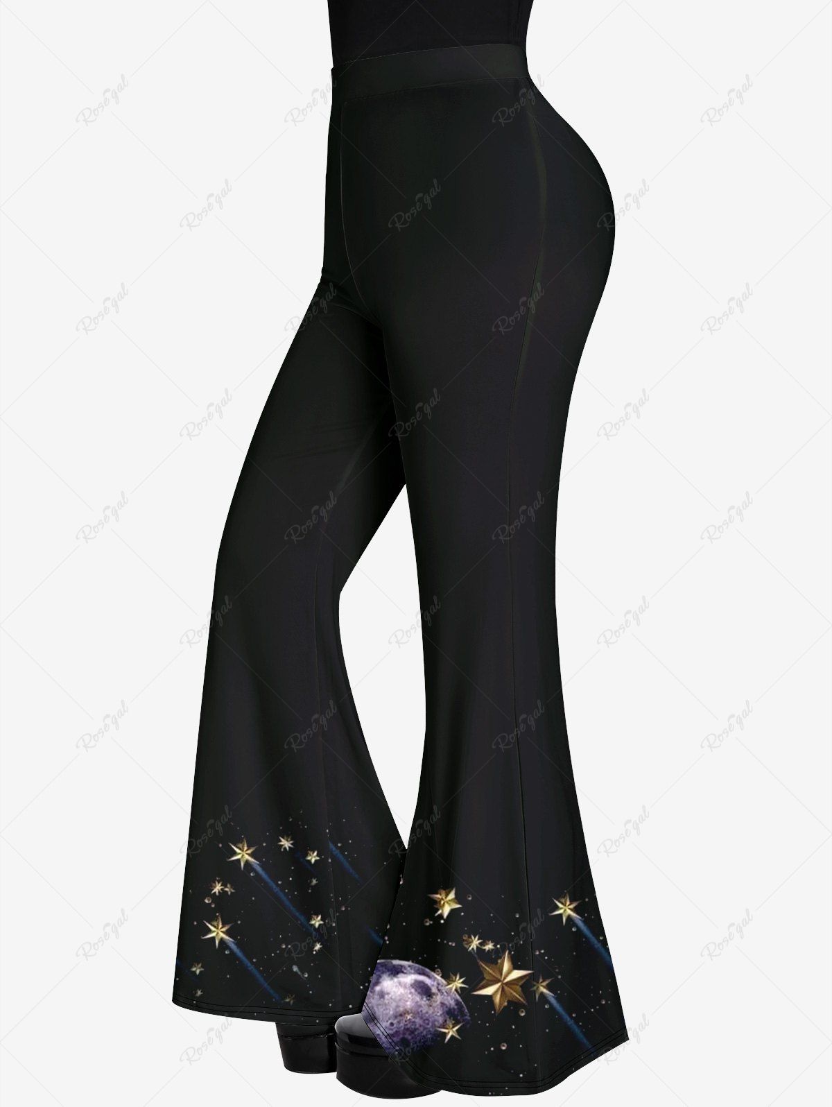 Pantalon Évasé Gothique Imprimé Lune et Galaxie à Paillettes Noir 1X