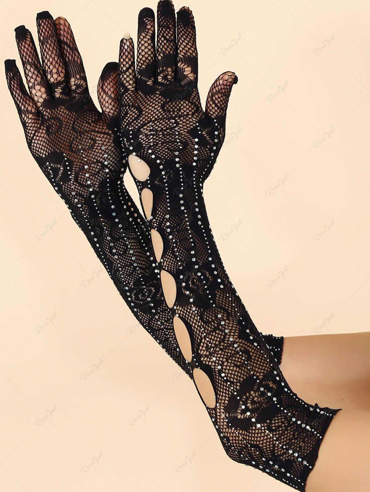 Shop Gothic Floral Fishnet Sparkling Faux Rhinestone Hollow Out Long Gloves  