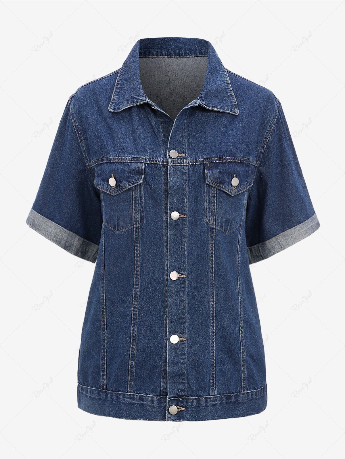 Trendy Plus Size Buttons Pockets Roll Up Sleeves Lapel Denim Coat  