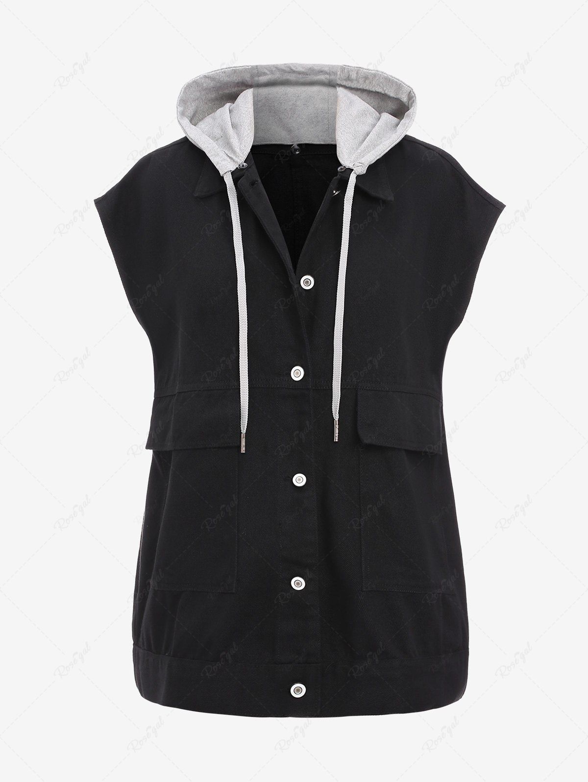 Buy Plus Size Pocket Full Button Sleeveless Hooded Jacket  