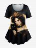 Woman Flower Cat Print Short Sleeves T-shirt And Cat Print Flare Pants Gothic Outfit -  
