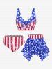 Plus Size Twist Patriotic American Flag Print Skirted 3 Piece Tankini Swimsuit - Bleu 3X | US 22-24