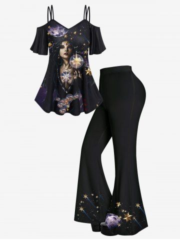 Wizard Galaxy Moon Star Glitter Print Cold Shoulder Cami T-shirt And Star Galaxy Glitter Moon Print Flare Pants Gothic Outfit