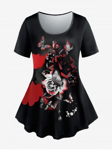 Plus Size Rose Butterfly Diamond Print T-shirt - BLACK - XS