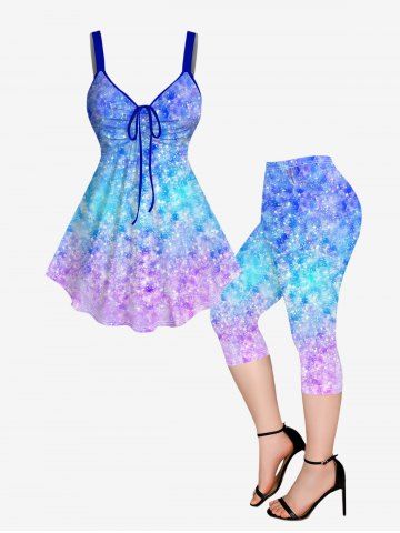Plus Size Ombre 3D Sparkling Sequin Printed Cinched Tank Top and Pockets Capri Leggings Outfit