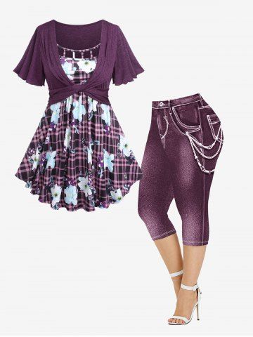Plaid Flower Printed Twist Hollow Out Panel T-shirt and 3D Chain Jeans Printed Leggings Plus Size Outfit