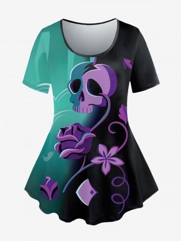 T-Shirt à Imprimé Jointif Crâne Fleurs et Feuilles à Deux-Tons Grande-Taille pour Halloween - GREEN - 2X