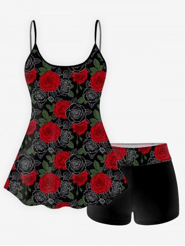 Rose Leaf Print Boyshorts Tankini Swimsuit (Adjustable Shoulder Strap) - RED - 2X
