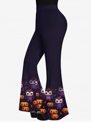 Gothic Halloween Owl Pumpkin Print Flare Pants - DEEP BLUE - L