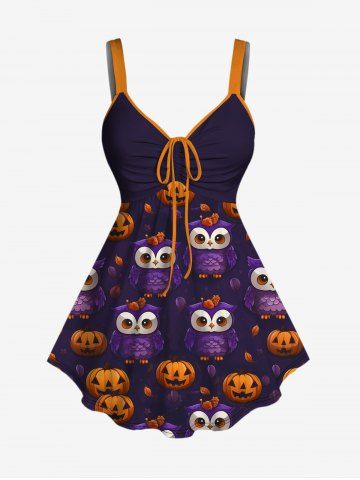 Gothic Halloween Owl Pumpkin Print Cinched Tank Top - DEEP BLUE - 3X
