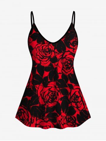 Plus Size Rose Print Cami Top (Adjustable Shoulder Strap) - RED - M