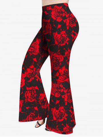 Plus Size Rose Print Flare Pants - RED - M
