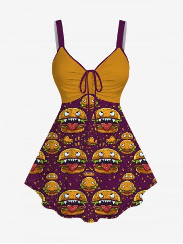Gothic Hamburger Monster Face Print Cinched Tank Top