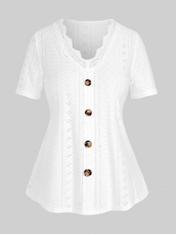 Plus Size Hollow Out Lace Trim Buttons T-shirt - WHITE - L