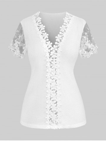 Plus Size Sheer Lace Sleeves Appliques Textured T-shirt - WHITE - L