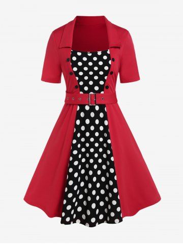 Plus Size Vintage Polka Dots High Rise A Line Dress with Buckles Belt