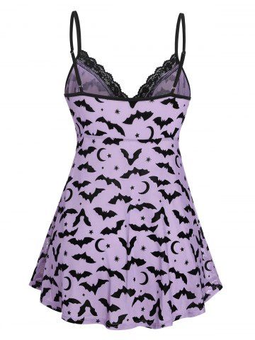 Plus Size Star Bat Moon Printed Lace Trim Mesh Lingerie Set(Adjustable Shoulder Strap)
