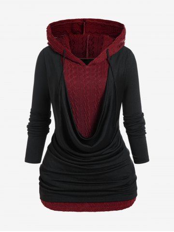 Plus Size Cowl Front Hooded 2 in 1 Cable Knit Top