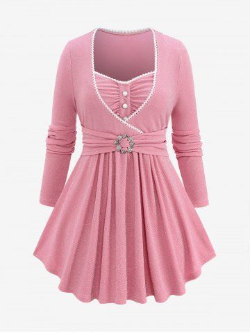Plus Size Mock Buttons Lace Trim Ruched Buckle Belted Knit Jacquard Long Sleeves 2 in 1 Glitter Top - LIGHT PINK - M | US 10