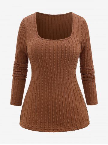 Plus Size Square Neck Textured Ribbed Solid Cable Knit Long Sleeves Top - COFFEE - 1XL
