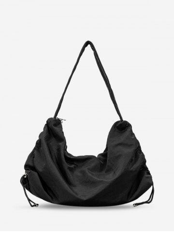 Women's Solid Color Large Capacity Toggle Drawstring Double Way Zip Half Moon Shoulder Bag - BLACK