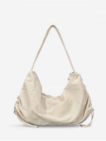 Women's Solid Color Large Capacity Toggle Drawstring Double Way Zip Half Moon Shoulder Bag - WARM WHITE