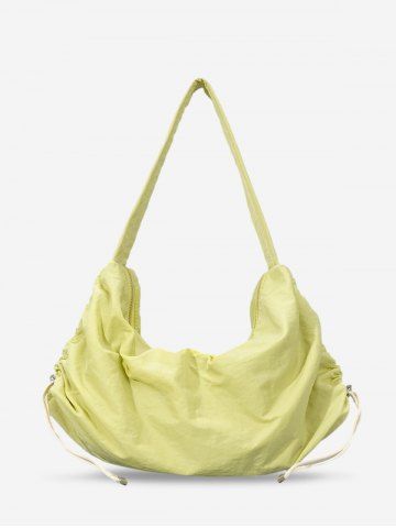 Women's Solid Color Large Capacity Toggle Drawstring Double Way Zip Half Moon Shoulder Bag - YELLOW