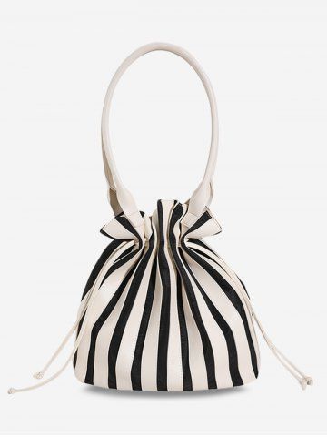 Women's Fashion Daily Office Vertical Striped Drawstring Shoulder Tote Bucket Bag - BLACK