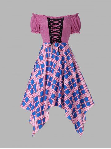 Off Shoulder Plaid Lace Up Dress - LIGHT PURPLE - S