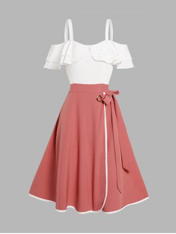 Two Tone Cold Shoulder Layered Flounce Dress - LIGHT PINK - S