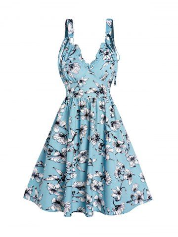 Flower Print Empire Waist Ruffles Mini Dress - LIGHT BLUE - S